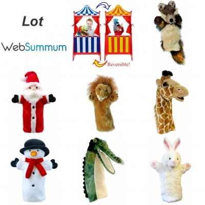 Lot marionnettes a main gant et theatre en bois reversible -LWS-422