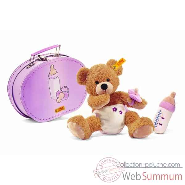 Peluche steiff ours teddy bebe fynn dans sa valise, beige -111846
